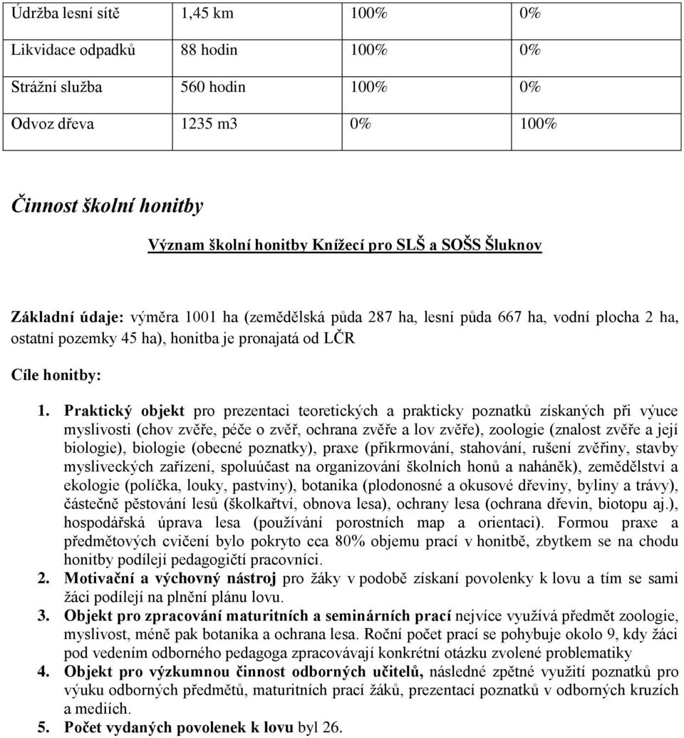 Praktický objekt pro prezentaci teoretických a prakticky poznatků získaných při výuce myslivosti (chov zvěře, péče o zvěř, ochrana zvěře a lov zvěře), zoologie (znalost zvěře a její biologie),