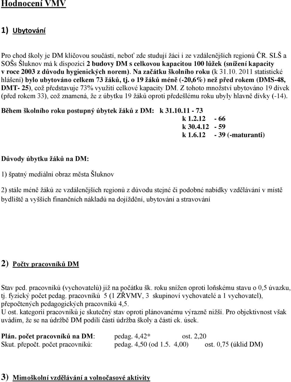 o 19 žáků méně (-20,6%) než před rokem (DMS-48, DMT- 25), což představuje 73% využití celkové kapacity DM.