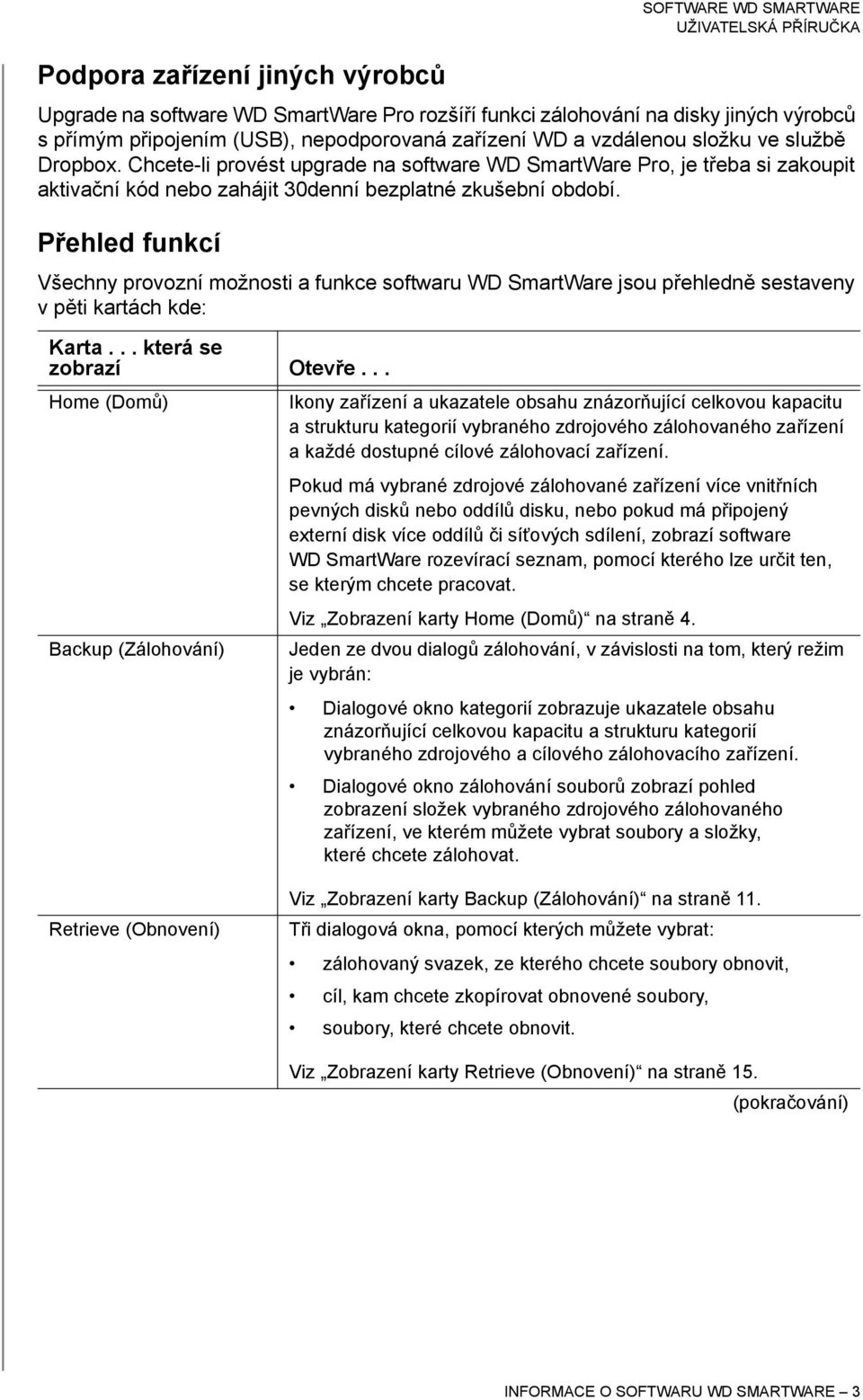 Přehled funkcí Všechny provozní možnosti a funkce softwaru WD SmartWare jsou přehledně sestaveny v pěti kartách kde: Karta... která se zobrazí Otevře.