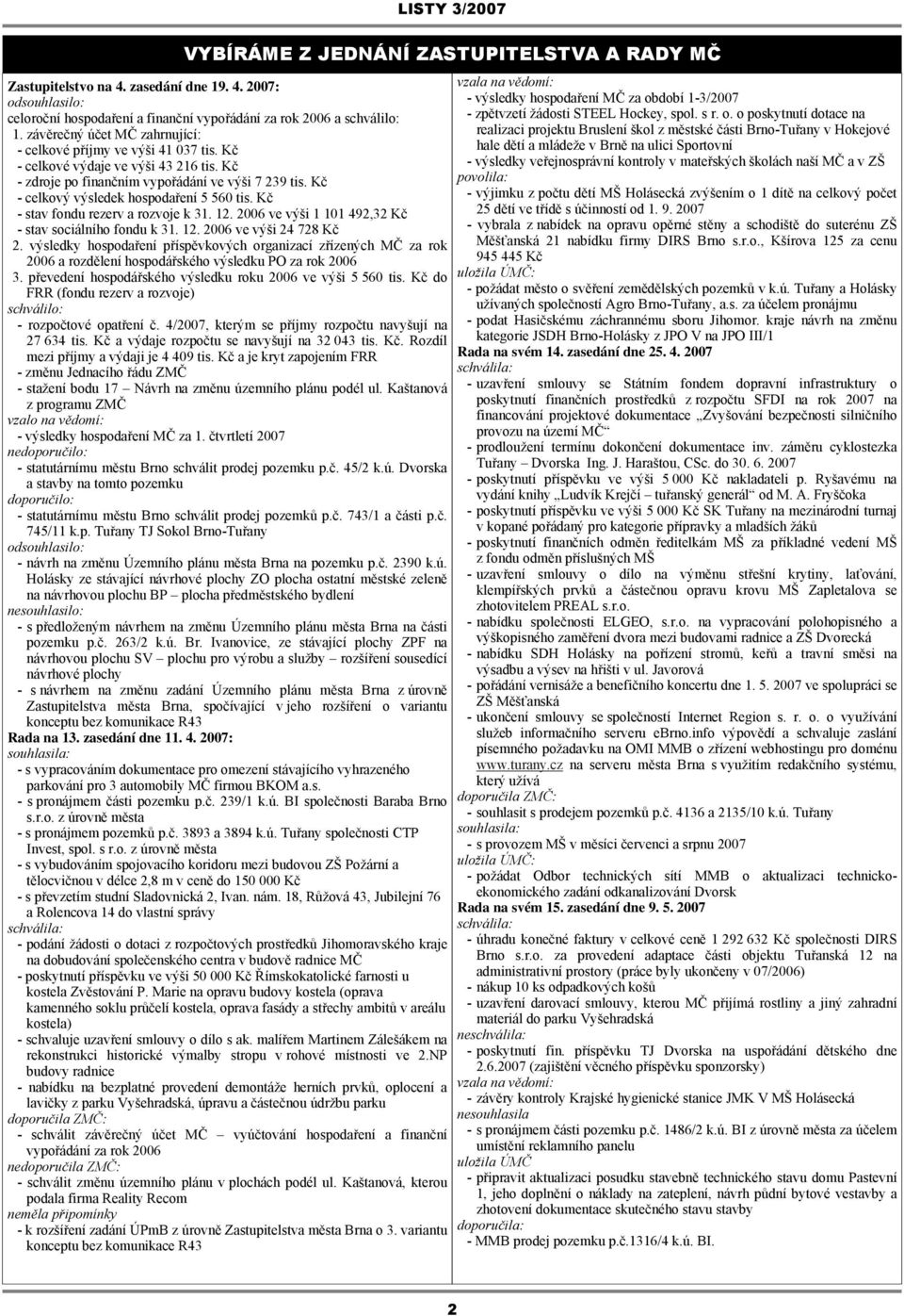 Kč - celkový výsledek hospodaření 5 560 tis. Kč - stav fondu rezerv a rozvoje k 31. 12. 2006 ve výši 1 101 492,32 Kč - stav sociálního fondu k 31. 12. 2006 ve výši 24 728 Kč 2.