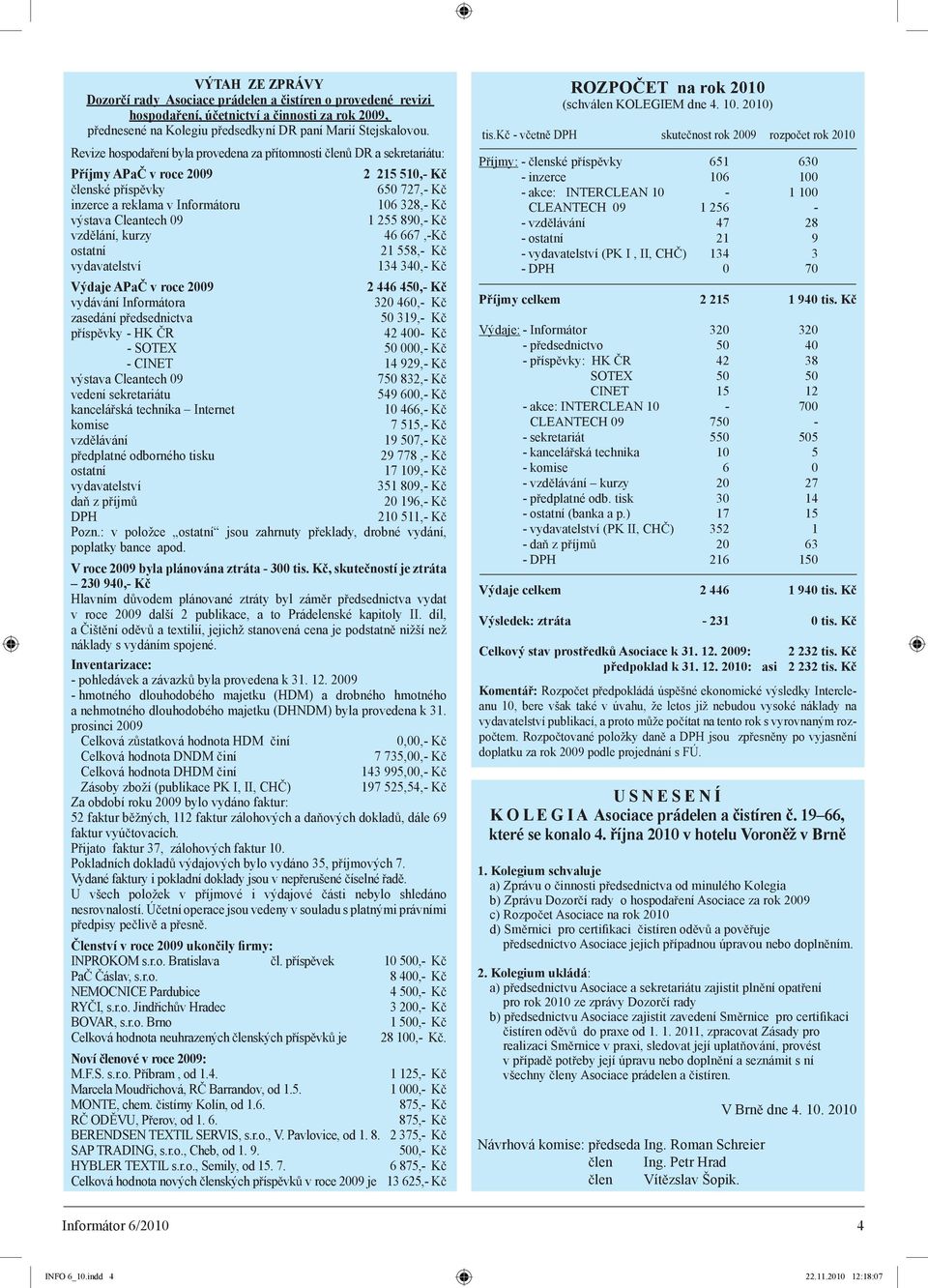 09 1 255 890,- K vzd lání, kurzy 46 667,-K ostatní 21 558,- K vydavatelství 134 340,- K Výdaje APa v roce 2009 2 446 450,- K vydávání Informátora 320 460,- K zasedání p edsednictva 50 319,- K p ísp