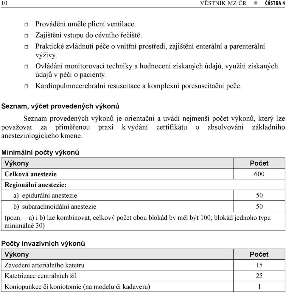 Seznam, výet provedených výkon Seznam provedených výkon je orientaní a uvádí nejmenší poet výkon, který lze považovat za pimenou praxi k vydání certifikátu o absolvování základního anesteziologického