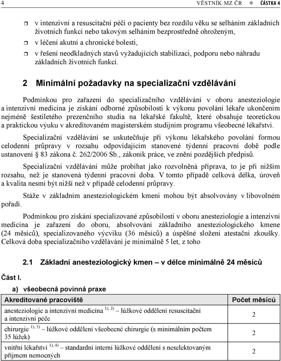 2 Minimální požadavky na specializaní vzdlávání Podmínkou pro zaazení do specializaního vzdlávání v oboru anesteziologie a intenzivní medicína je získání odborné zpsobilosti k výkonu povolání lékae