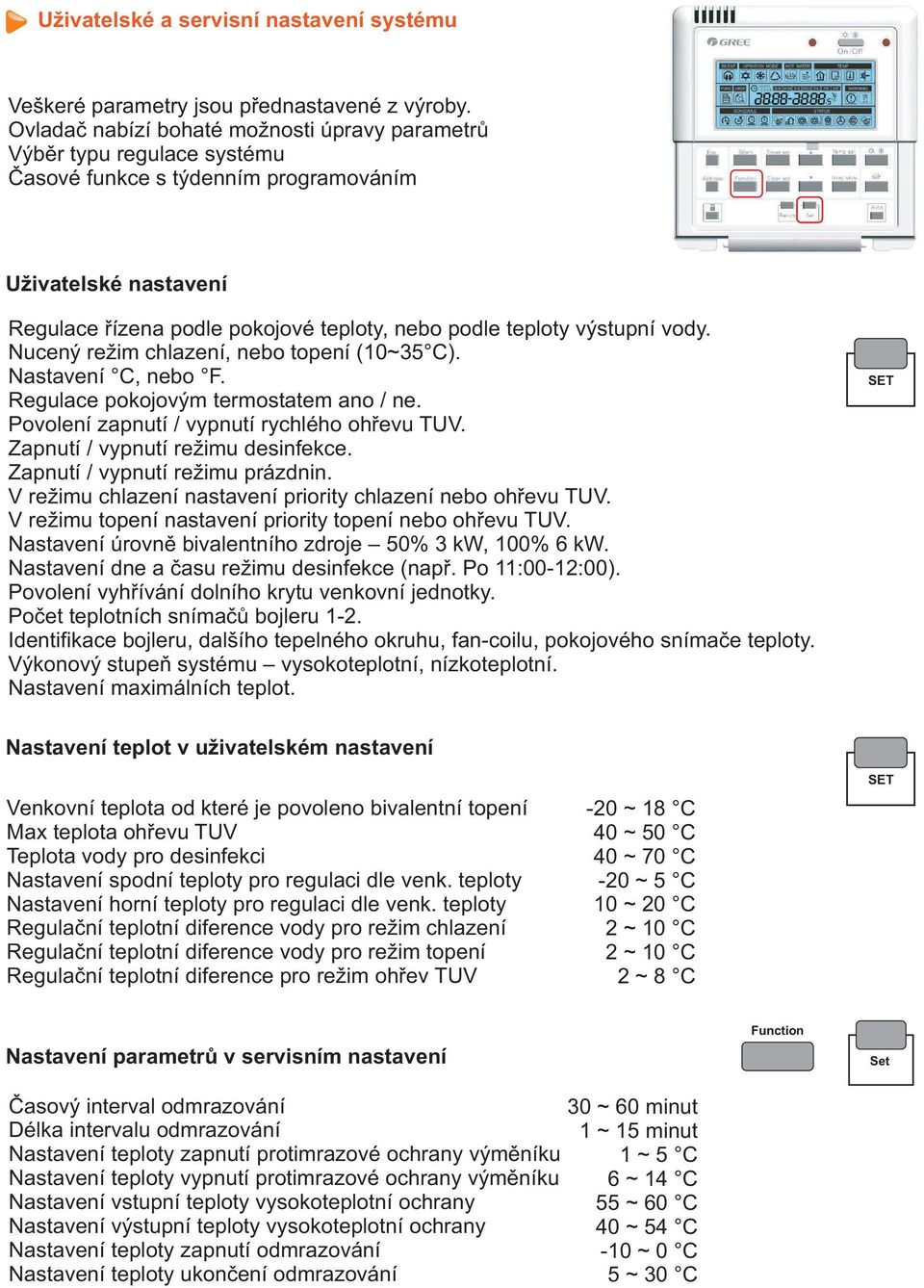 výstupní vody. Nucený režim chlazení, nebo topení (~5). Nastavení, nebo F. Regulace pokojovým termostatem ano / ne. Povolení zapnutí / vypnutí rychlého ohřevu TUV. Zapnutí / vypnutí režimu desinfekce.