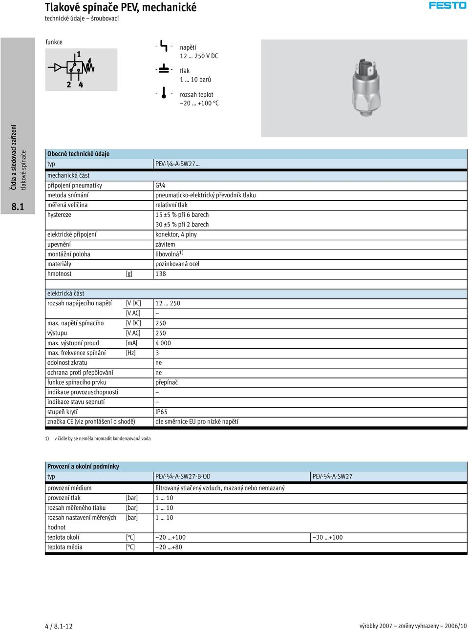 barech 30 ±5 % při 2 barech konektor, 4 piny závitem elektrická část rozsah napájecího napětí [V DC] 12 250 [V AC] max. napětí spínacího [V DC] 250 výstupu [V AC] 250 max.