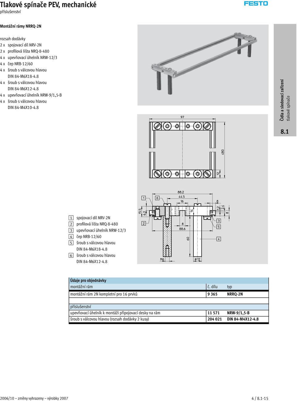 8 4 8 1 spojovací díl NRV-2N 2 profilová lišta NRQ-8-480 3 upevňovací úhelník NRW-12/3 4 čep NRB-12/60 5 šroub s válcovou hlavou DIN 84-M6X18-4.8 6 šroub s válcovou hlavou DIN 84-M6X12-4.