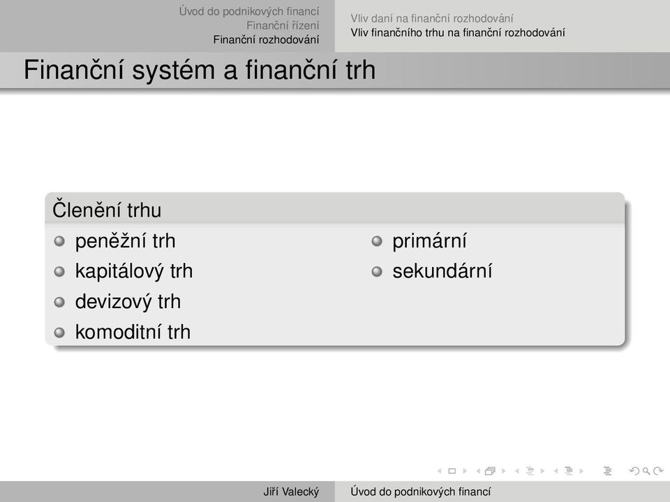 Členění trhu peněžní trh kapitálový trh