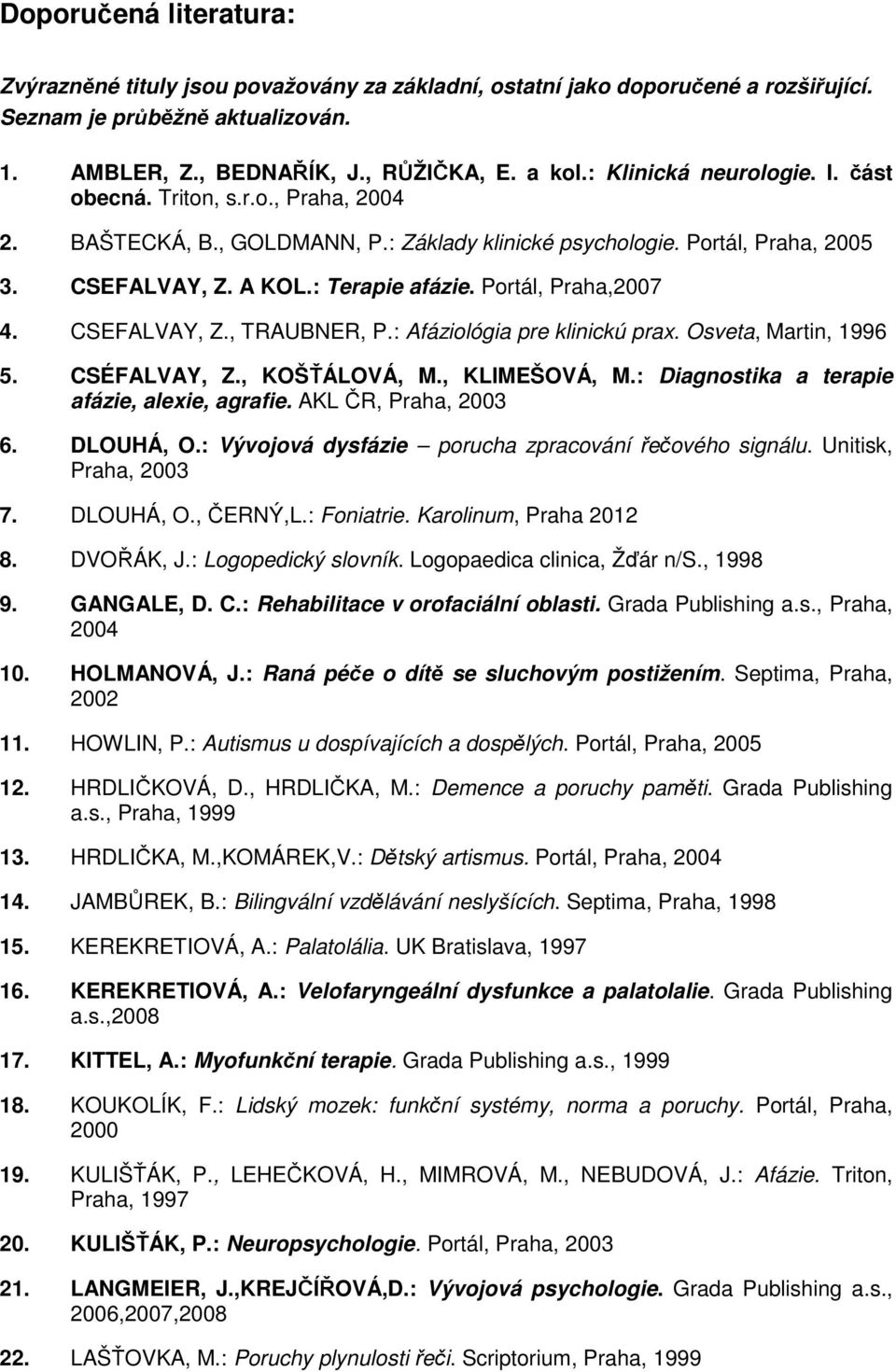 Portál, Praha,2007 4. CSEFALVAY, Z., TRAUBNER, P.: Afáziológia pre klinickú prax. Osveta, Martin, 1996 5. CSÉFALVAY, Z., KOŠŤÁLOVÁ, M., KLIMEŠOVÁ, M.: Diagnostika a terapie afázie, alexie, agrafie.