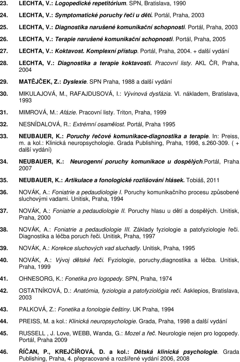 Pracovní listy. AKL ČR, Praha, 2004 29. MATĚJČEK, Z.: Dyslexie. SPN Praha, 1988 a další vydání 30. MIKULAJOVÁ, M., RAFAJDUSOVÁ, I.: Vývinová dysfázia. Vl. nákladem, Bratislava, 1993 31. MIMROVÁ, M.