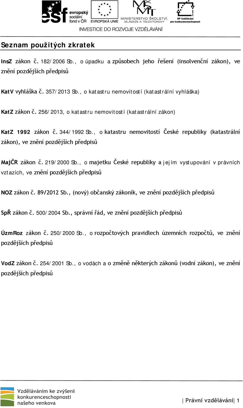 , o katastru nemovitostí České republiky (katastrální zákon), ve znění pozdějších předpisů MajČR zákon č. 219/2000 Sb.