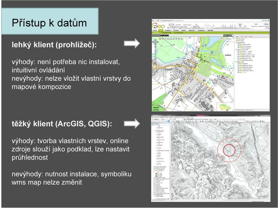 klient (ArcGIS, QGIS): výhody: tvorba vlastních vrstev, online zdroje slouží jako