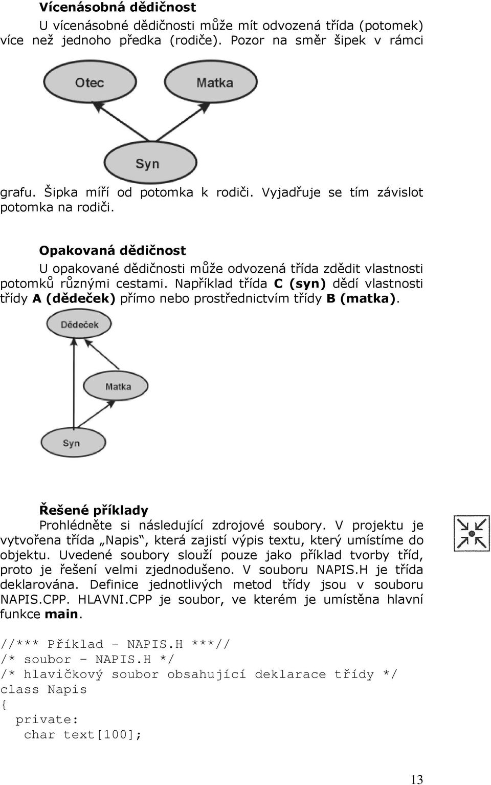 Například třída C (syn) dědí vlastnosti třídy A (dědeček) přímo nebo prostřednictvím třídy B (matka). Řešené příklady Prohlédněte si následující zdrojové soubory.