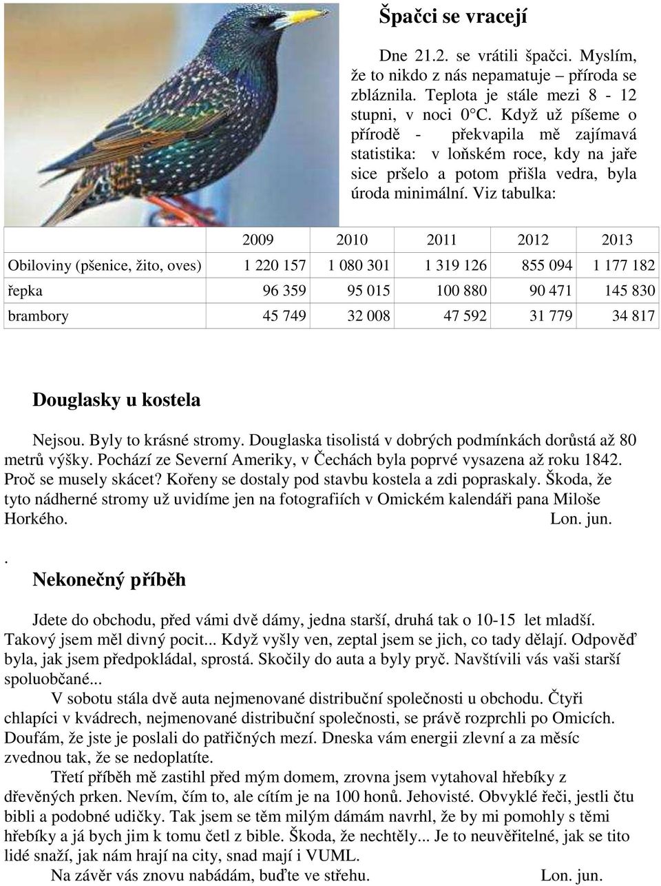 Viz tabulka: 2009 2010 2011 2012 2013 Obiloviny (pšenice, žito, oves) 1 220 157 1 080 301 1 319 126 855 094 1 177 182 řepka 96 359 95 015 100 880 90 471 145 830 brambory 45 749 32 008 47 592 31 779