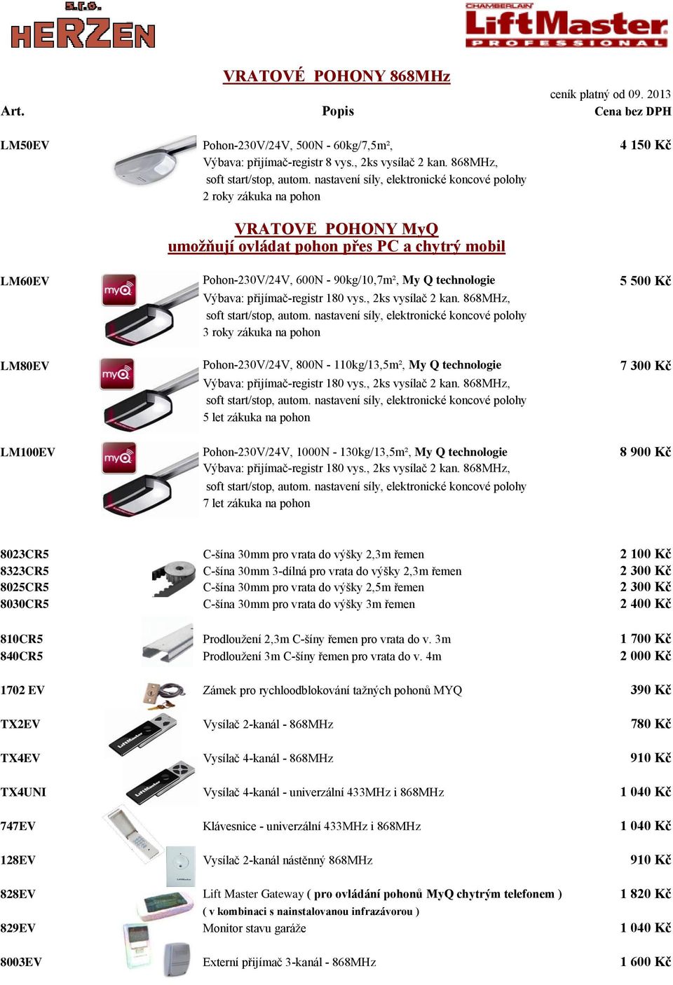 Kč Výbava: přijímač-registr 180 vys., 2ks vysílač 2 kan. 868MHz, soft start/stop, autom.