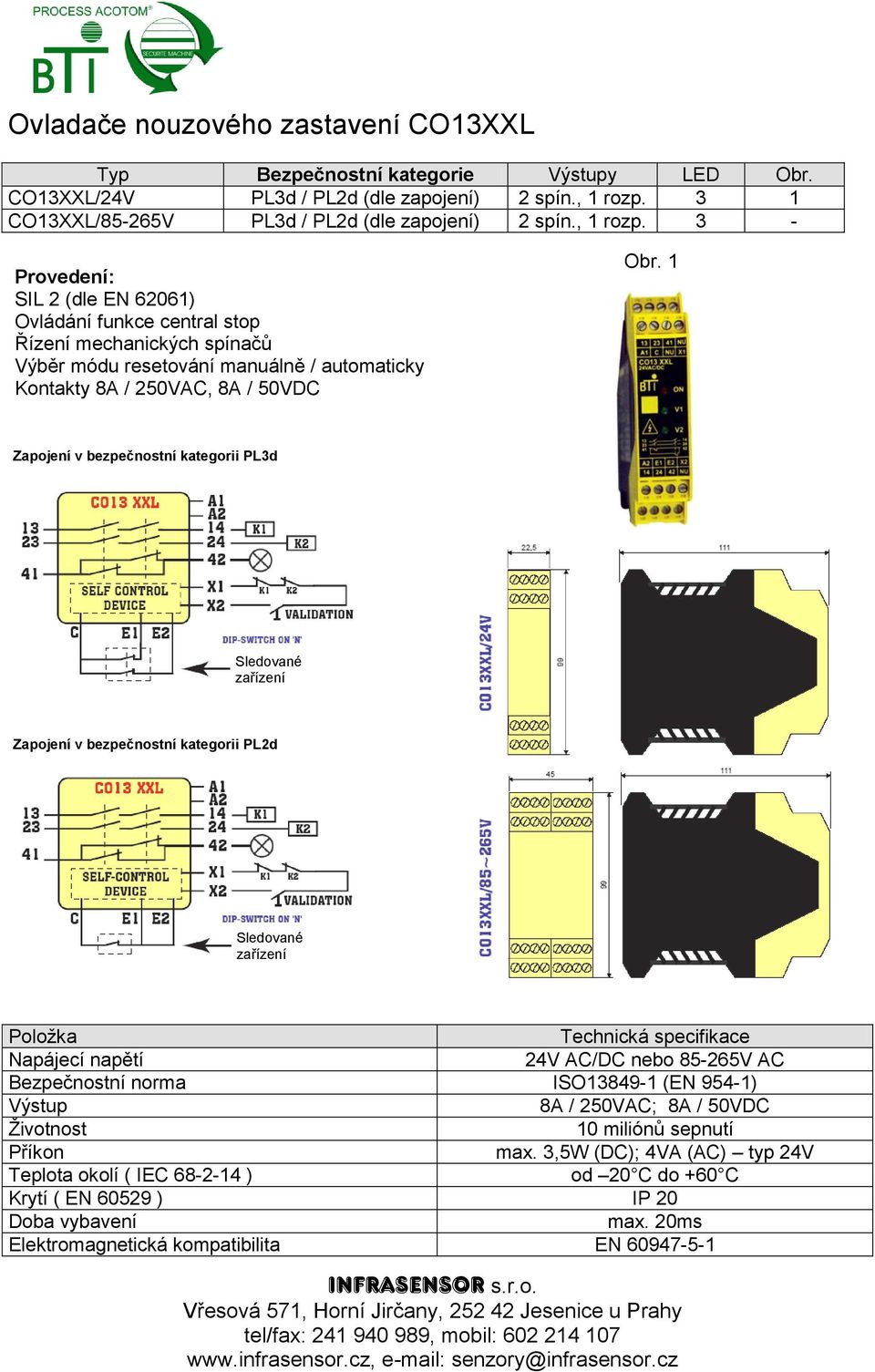 3 - SIL 2 (dle EN 62061) Ovládání funkce central stop Řízení mechanických spínačů Výběr módu resetování manuálně / automaticky Kontakty 8A / 250VAC, 8A / 50VDC