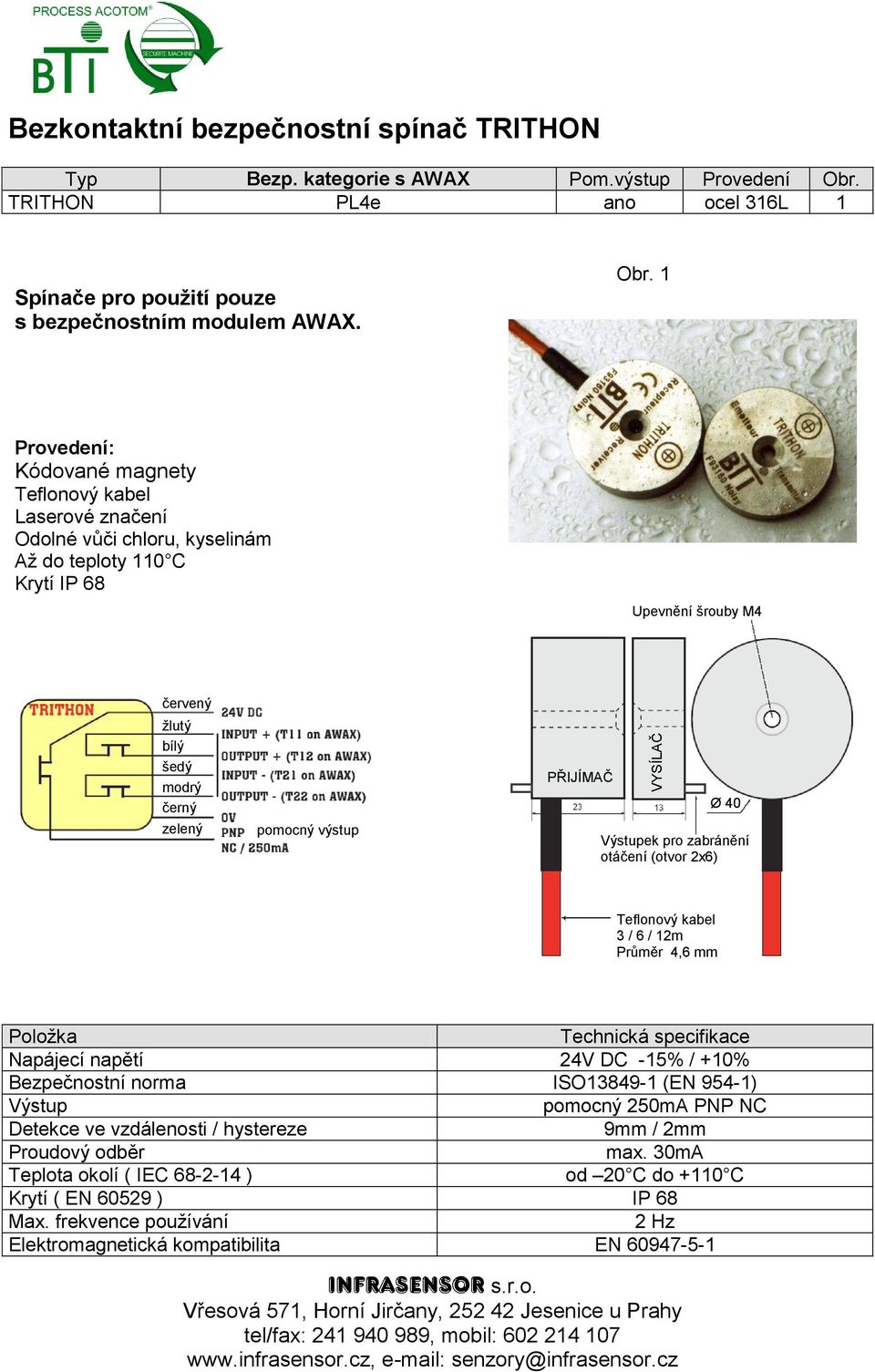 Teflonový kabel Laserové značení Odolné vůči chloru, kyselinám Až do teploty 110 C Krytí IP 68 Upevnění šrouby M4 žlutý zelený