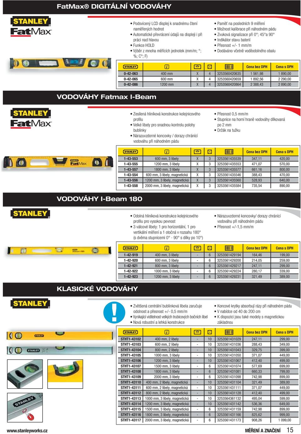 VODOVÁHY Fatmax I-Beam 0-42-063 400 mm 4 3253560420635 1 561,98 1 890,00 0-42-065 600 mm 4 3253560420659 1 892,56 2 290,00 0-42-086 1200 mm 4 3253560420864 2 388,43 2 890,00 Zesílená hliníková