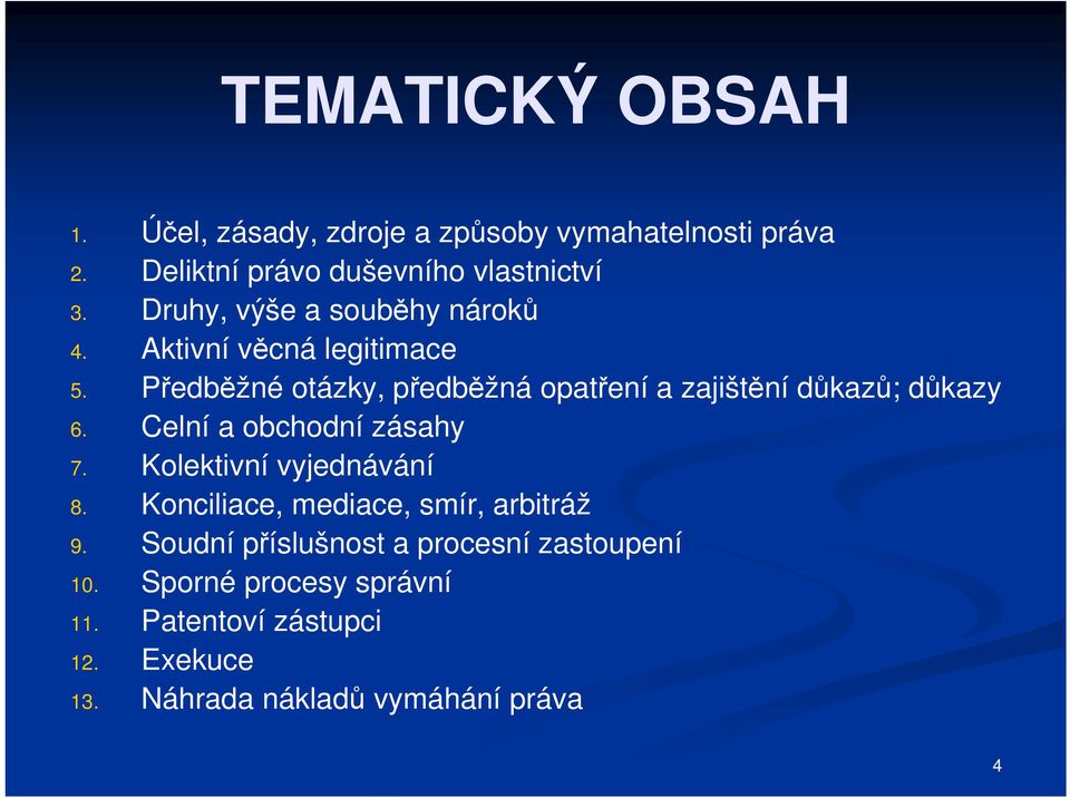 Předběžné otázky, předběžná opatření a zajištění důkazů; důkazy 6. Celní a obchodní zásahy 7.