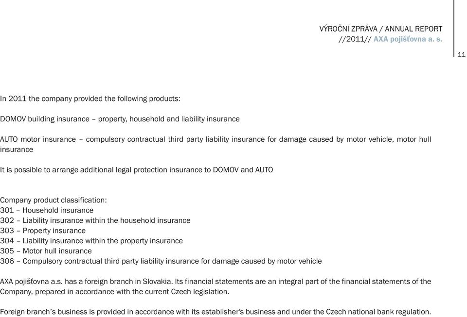 insurance for damage caused by motor vehicle, motor hull insurance It is possible to arrange additional legal protection insurance to DOMOV and AUTO Company product classification: 301 Household