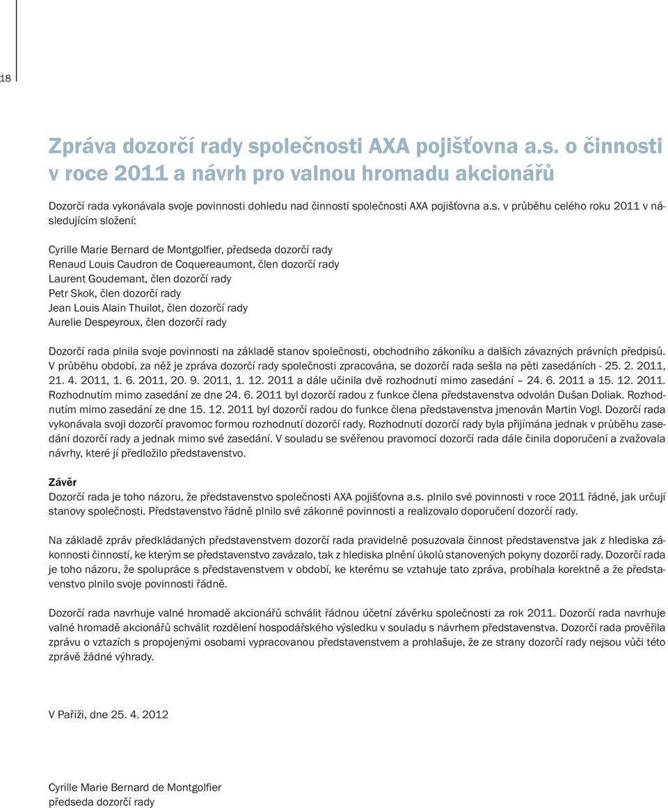 dozorčí rady Petr Skok, člen dozorčí rady Jean Louis Alain Thuilot, člen dozorčí rady Aurelie Despeyroux, člen dozorčí rady Dozorčí rada plnila svoje povinnosti na základě stanov společnosti,