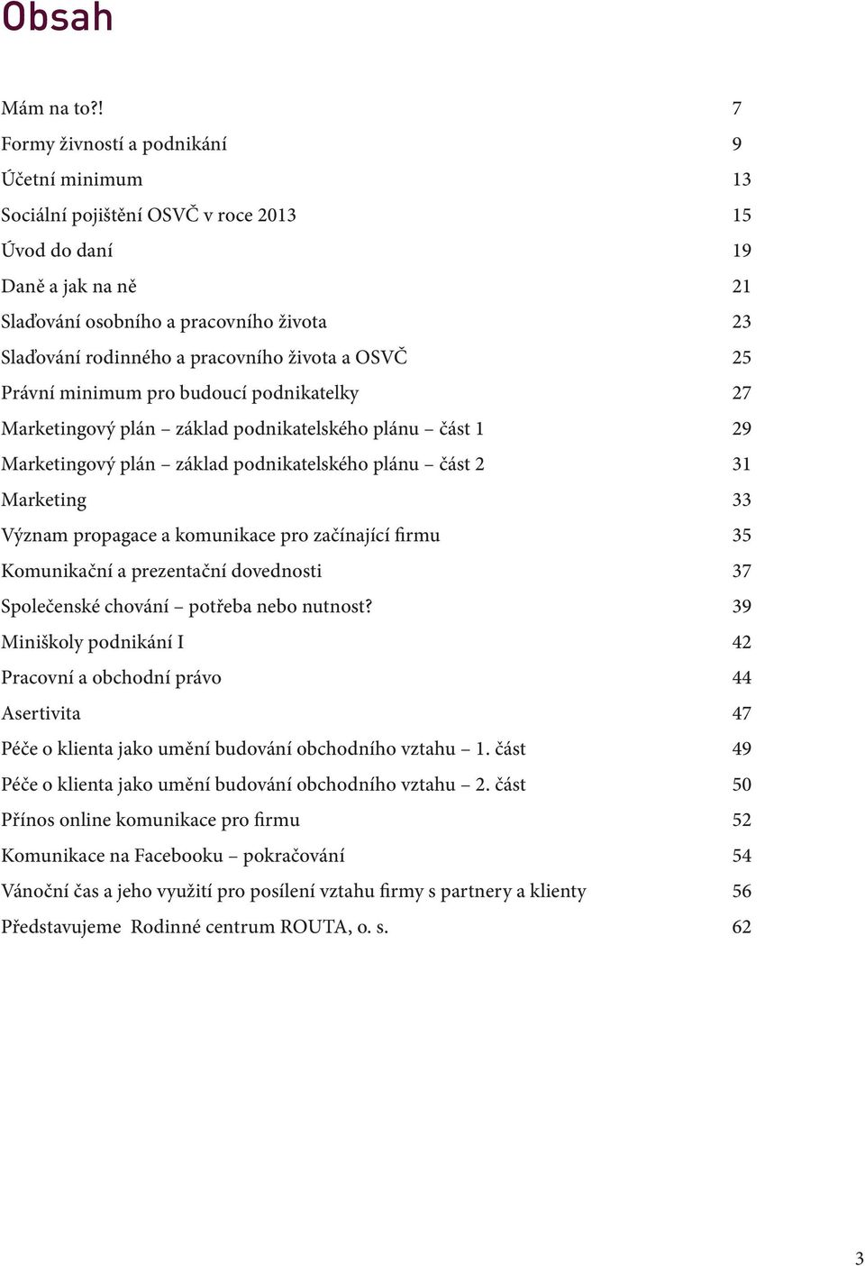 pracovního života a OSVČ 25 Právní minimum pro budoucí podnikatelky 27 Marketingový plán základ podnikatelského plánu část 1 29 Marketingový plán základ podnikatelského plánu část 2 31 Marketing 33