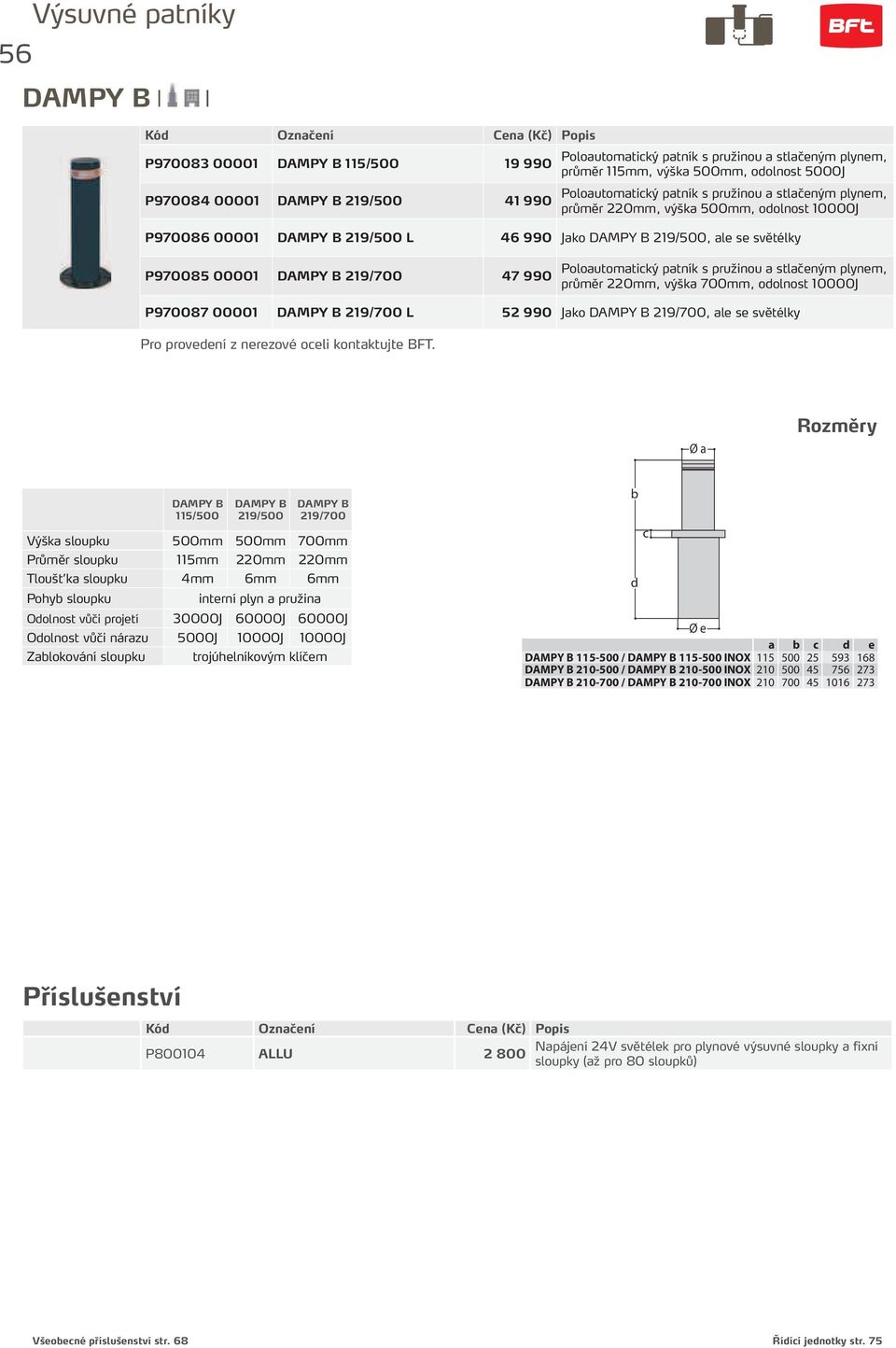 pru inou a stlačeným plynem, průměr 220mm, vý ka 700mm, odolnost 10000J P970087 00001 DAMPY B 219/700 L 52 990 Pro provedení z nerezové oceli kontaktujte BFT.