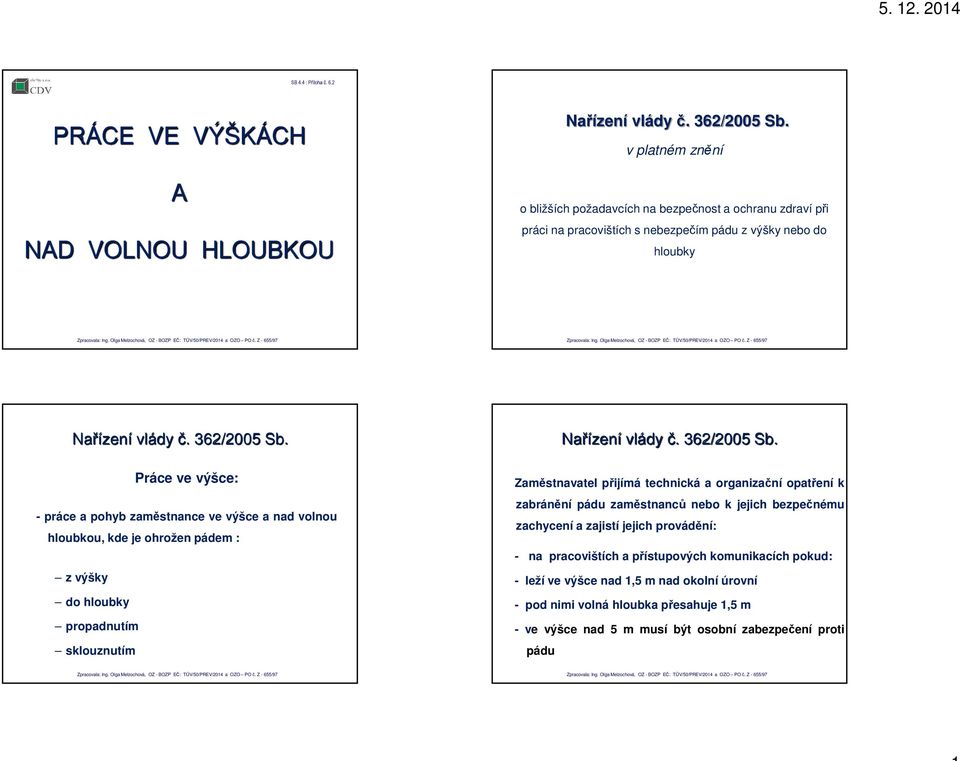 2 PRÁCE VE VÝŠKÁCH A NAD VOLNOU HLOUBKOU v platném znění o bližších požadavcích na bezpečnost a ochranu zdraví při práci na pracovištích s nebezpečím pádu z výšky nebo do hloubky