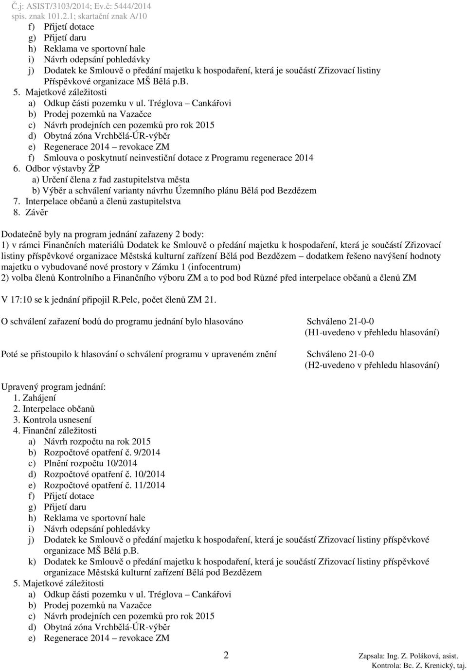 Tréglova Cankářovi b) Prodej pozemků na Vazačce c) Návrh prodejních cen pozemků pro rok 2015 d) Obytná zóna Vrchbělá-ÚR-výběr e) Regenerace 2014 revokace ZM f) Smlouva o poskytnutí neinvestiční