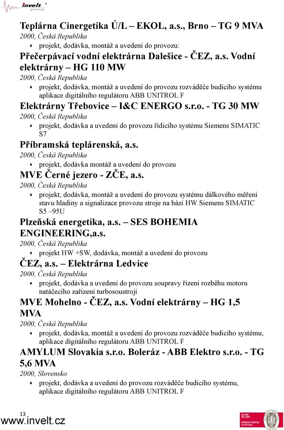 Vodní elektrárny HG 110 MW projekt, dodávka, montáž a uvedení do provozu rozváděče budicího systému aplikace digitálního regulátoru ABB UNITROL F Elektrárny Třebovice I&C ENERGO s.r.o. - TG 30 MW projekt, dodávka a uvedení do provozu řídicího systému Siemens SIMATIC S7 Příbramská teplárenská, a.