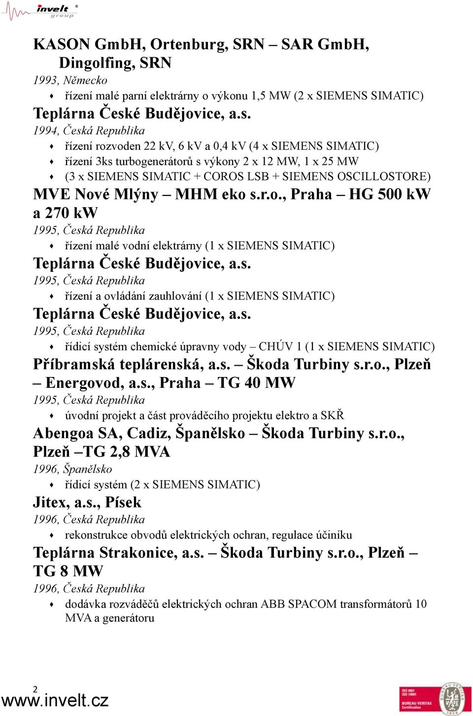 1994, Česká Republika řízení rozvoden 22 kv, 6 kv a 0,4 kv (4 x SIEMENS SIMATIC) řízení 3ks turbogenerátorů s výkony 2 x 12 MW, 1 x 25 MW (3 x SIEMENS SIMATIC + COROS LSB + SIEMENS OSCILLOSTORE) MVE