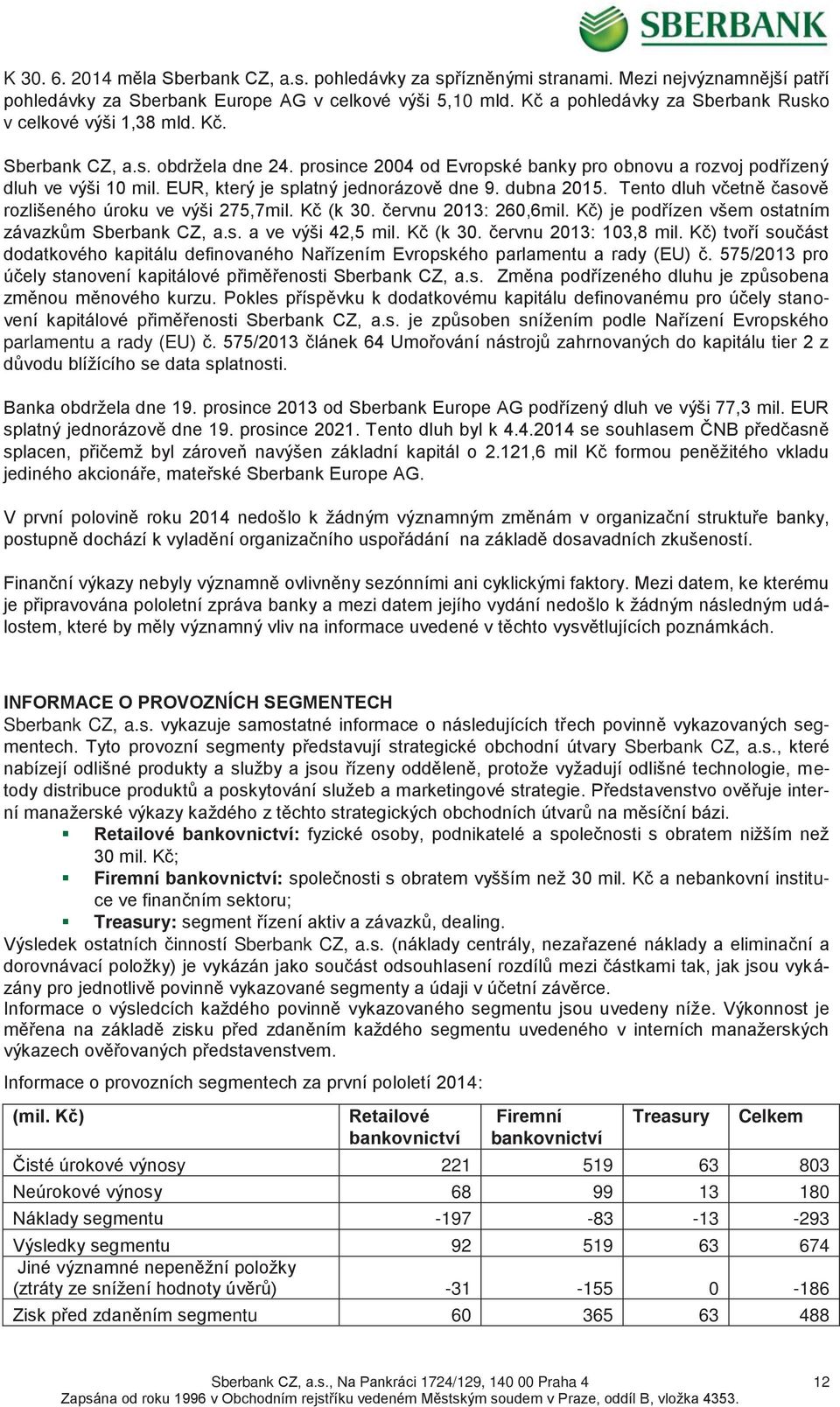 EUR, který je splatný jednorázově dne 9. dubna 2015. Tento dluh včetně časově rozlišeného úroku ve výši 275,7mil. Kč (k 30. červnu 2013: 260,6mil.