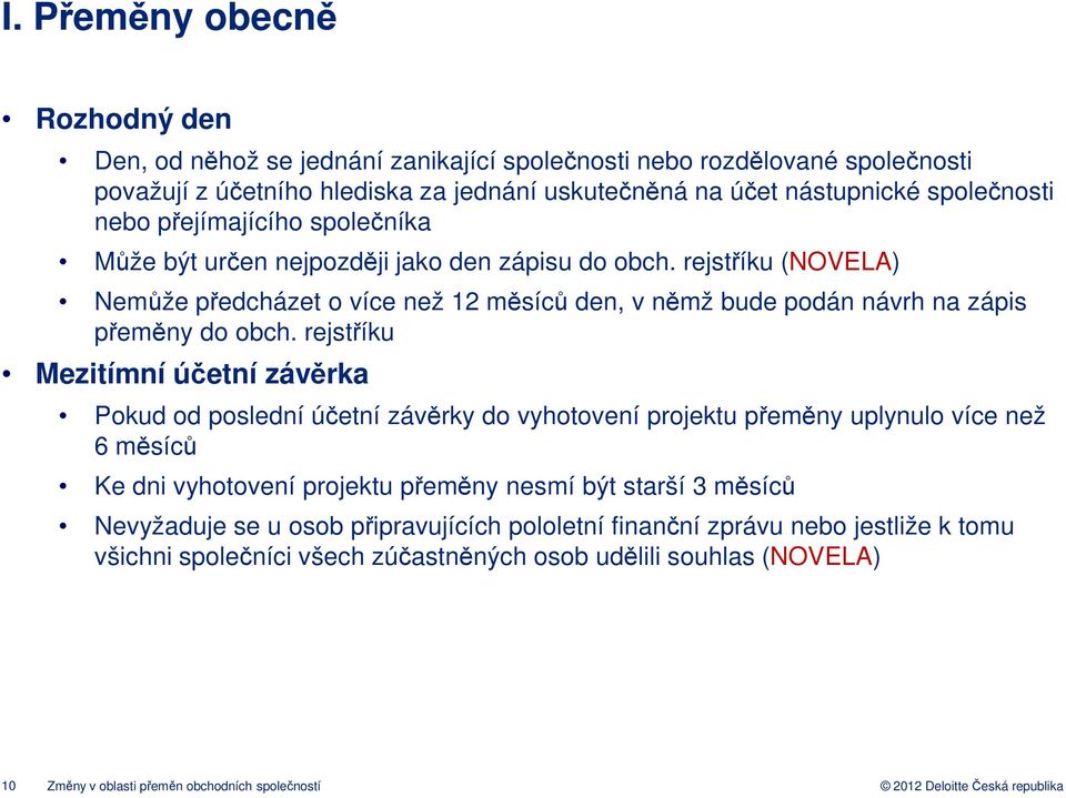 rejstříku Mezitímní účetní závěrka Pokud od poslední účetní závěrky do vyhotovení projektu přeměny uplynulo více než 6 měsíců Ke dni vyhotovení projektu přeměny nesmí být starší 3 měsíců