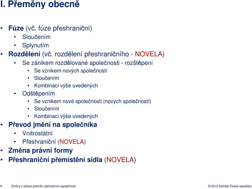 Kombinací výše uvedených Odštěpením Se vznikem nové společnosti (nových společností) Sloučením Kombinací výše uvedených