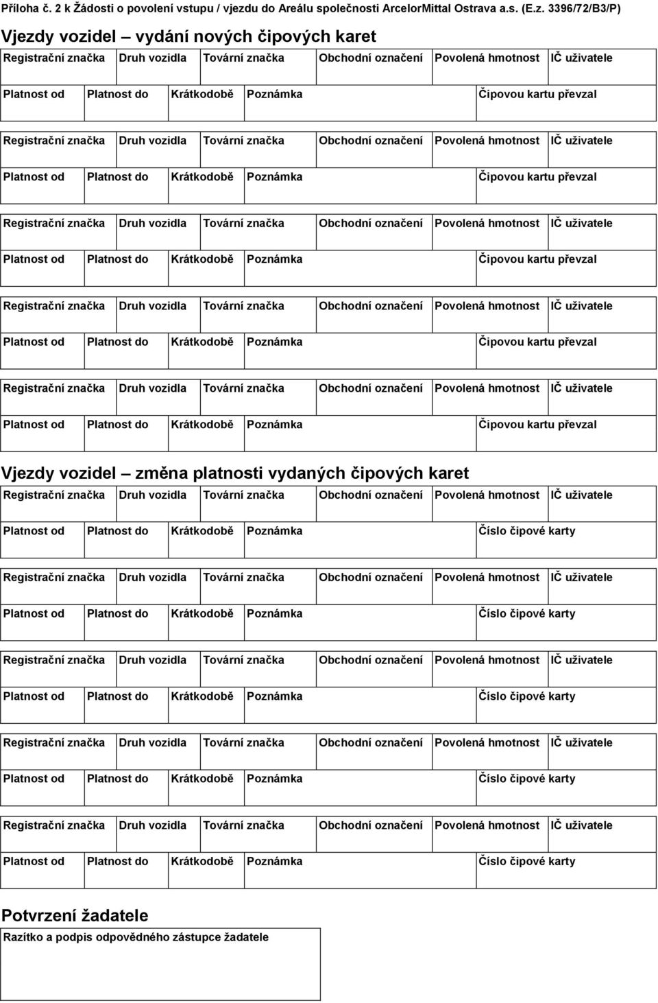 3396/72/B3/P) Vjezdy vozidel vydání nových čipových karet Platnost od Platnost do Krátkodobě Poznámka Čipovou kartu převzal Platnost od Platnost do Krátkodobě Poznámka Čipovou kartu převzal Platnost