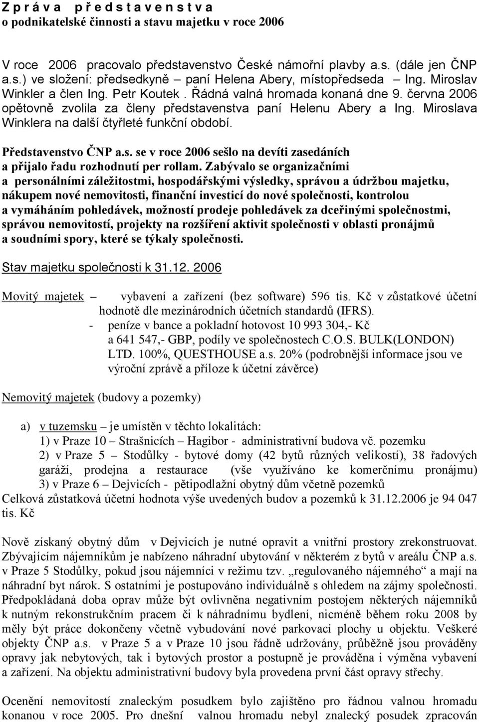 Miroslava Winklera na další čtyřleté funkční období. Představenstvo ČNP a.s. se v roce 2006 sešlo na devíti zasedáních a přijalo řadu rozhodnutí per rollam.