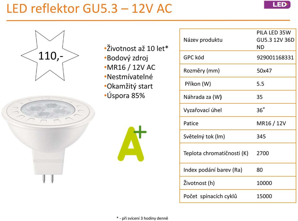 produktu PILA LED 35W GU5.3 12V 36D ND GPC kód 929001168331 Rozměry (mm) Příkon (W) 5.