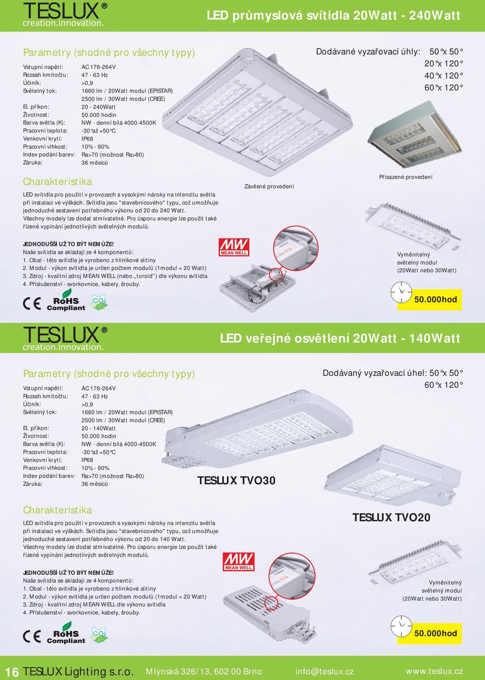 000 hodin -30 až +50 C IP68 10% - 90% Ra>70 (možnost Ra) 36 měsíců Dodávané vyzařovací úhly: 50 x 50 20 x 40 x x Charakteristika LED svítidla pro použití v provozech s vysokými nároky na intenzitu