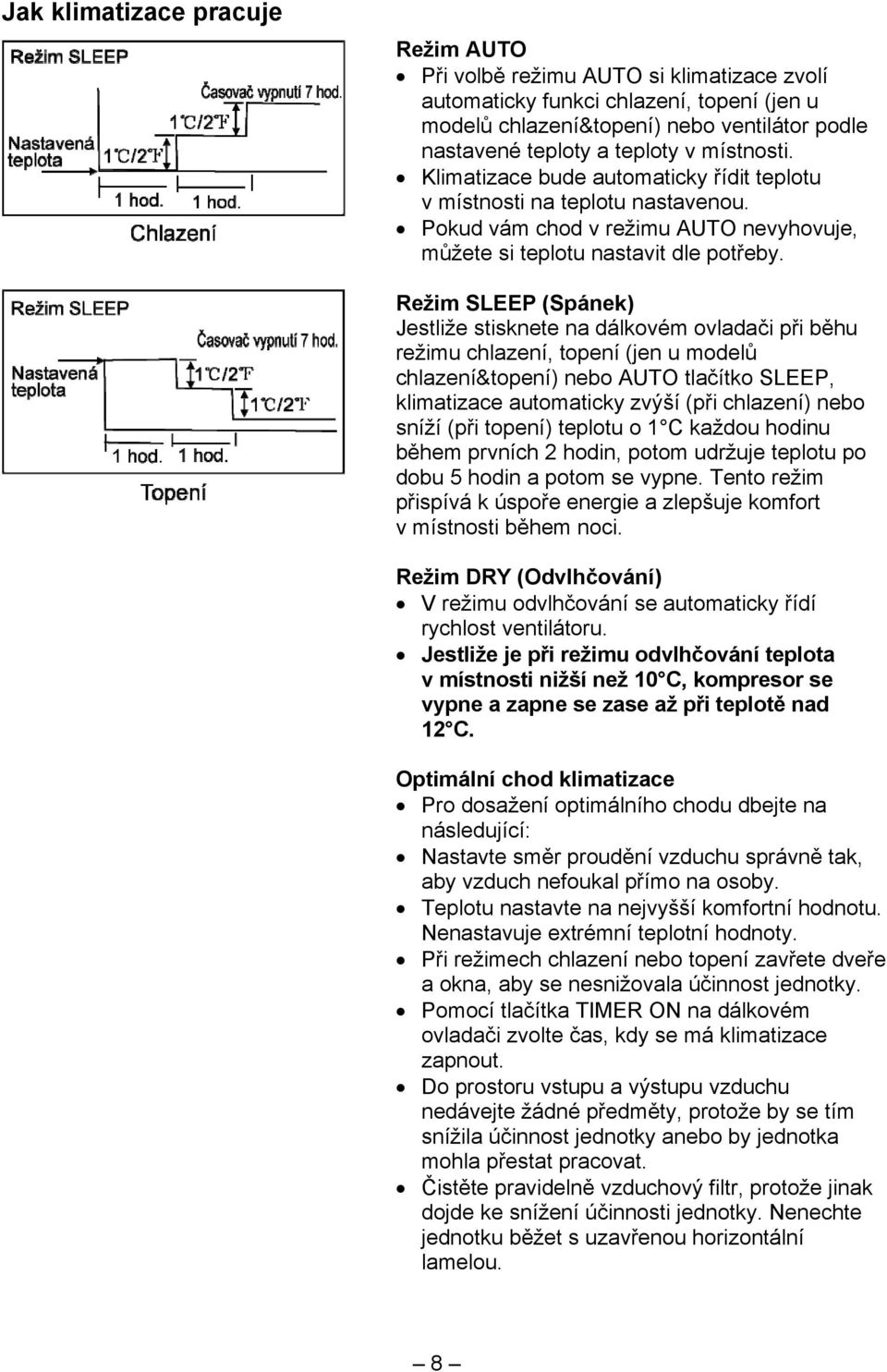 Režim SLEEP (Spánek) Jestliže stisknete na dálkovém ovladači při běhu režimu chlazení, topení (jen u modelů chlazení&topení) nebo AUTO tlačítko SLEEP, klimatizace automaticky zvýší (při chlazení)
