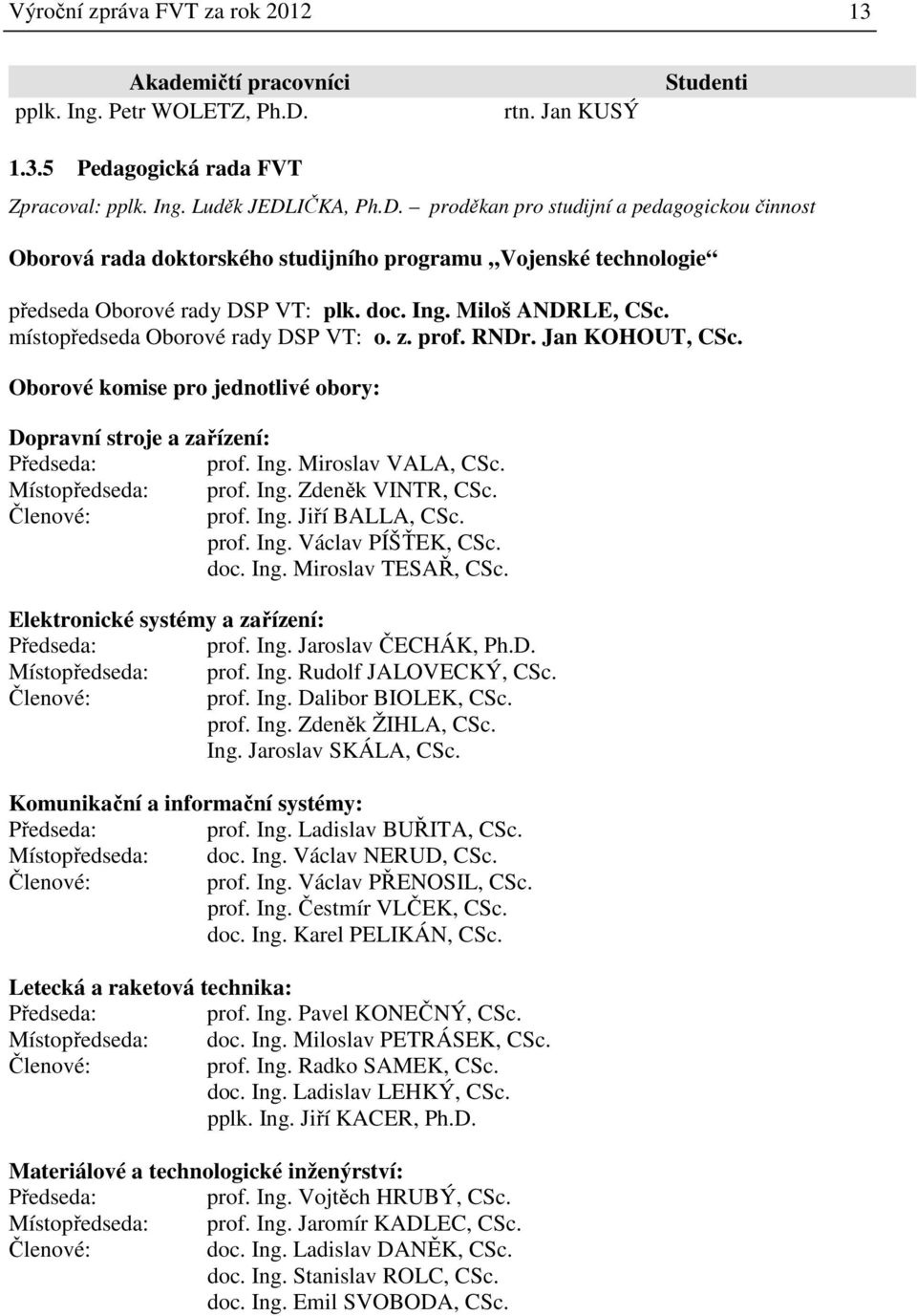 IČKA, Ph.D. proděkan pro studijní a pedagogickou činnost Oborová rada doktorského studijního programu Vojenské technologie předseda Oborové rady DSP VT: plk. doc. Ing. Miloš ANDRLE, CSc.