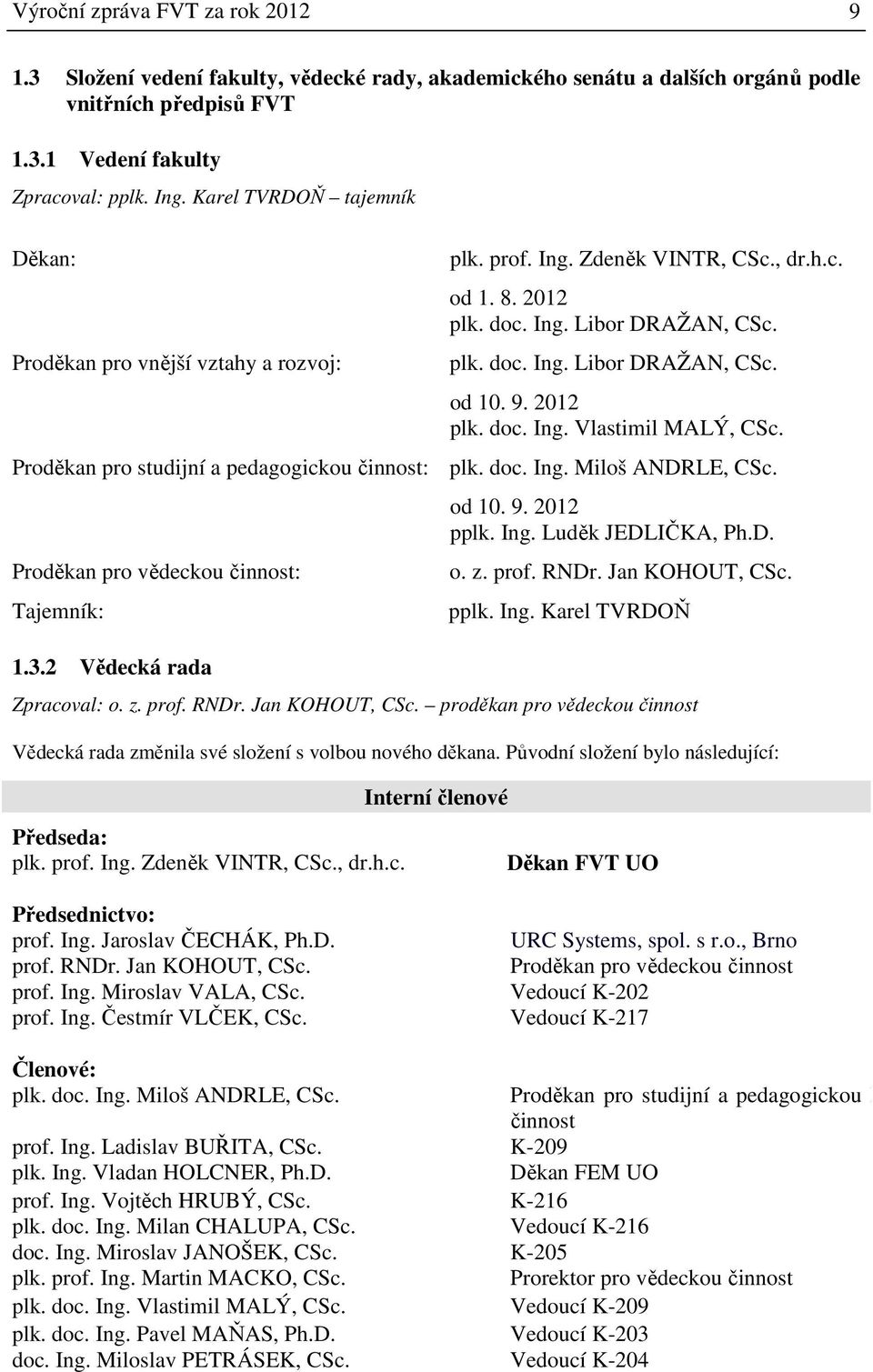 9. 2012 plk. doc. Ing. Vlastimil MALÝ, CSc. Proděkan pro studijní a pedagogickou činnost: plk. doc. Ing. Miloš ANDRLE, CSc. Proděkan pro vědeckou činnost: Tajemník: 1.3.2 Vědecká rada od 10. 9.