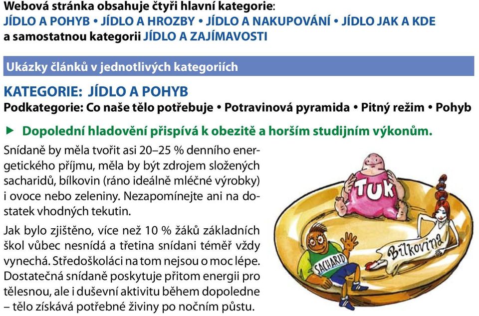 Snídaně by měla tvořit asi 20 25 % denního energetického příjmu, měla by být zdrojem složených sacharidů, bílkovin (ráno ideálně mléčné výrobky) i ovoce nebo zeleniny.