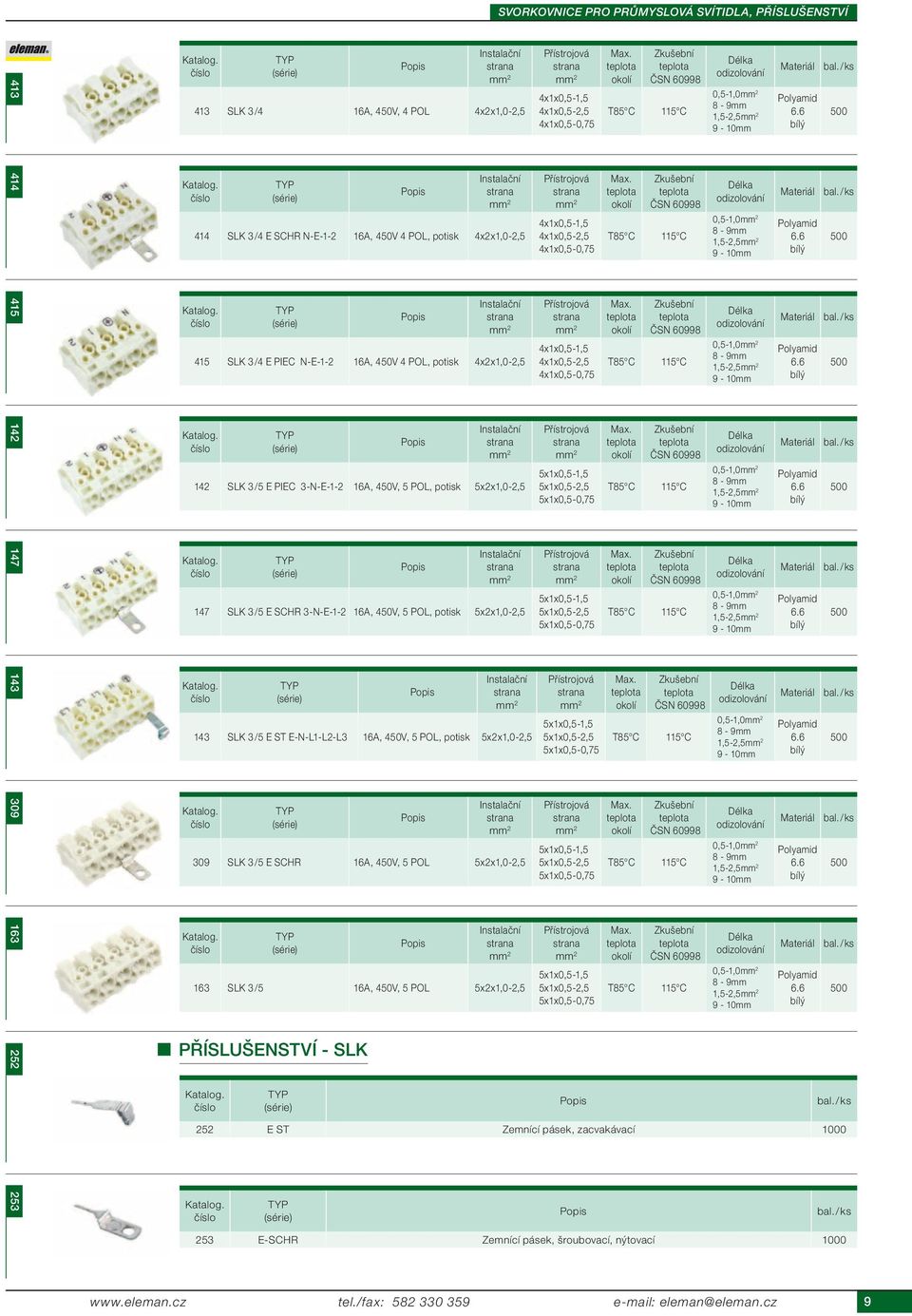 5x2x1,0-2,5 Instalační strana 2 147 SLK 3 /5 E SCHR 3-N-E-1-2 16A, 450V, 5 POL, potisk 5x2x1,0-2,5 Instalační strana 2 143 SLK 3 /5 E ST E-N-L1-L2-L3 16A, 450V, 5 POL, potisk 5x2x1,0-2,5 Instalační