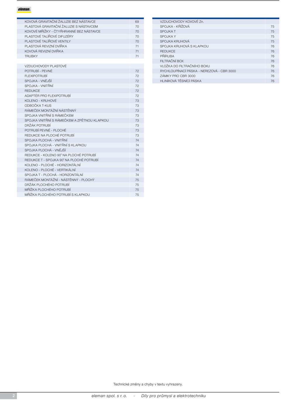 KRUHOVÉ 73 ODBOČKA T-KUS 73 RÁMEČEK MONTÁŽNÍ NÁSTĚNNÝ 73 SPOJKA VNITŘNÍ S RÁMEČKEM 73 SPOJKA VNITŘNÍ S RÁMEČKEM A ZPĚTNOU KLAPKOU 73 DRŽÁK POTRUBÍ 73 POTRUBÍ PEVNÉ - PLOCHÉ 73 REDUKCE NA PLOCHÉ