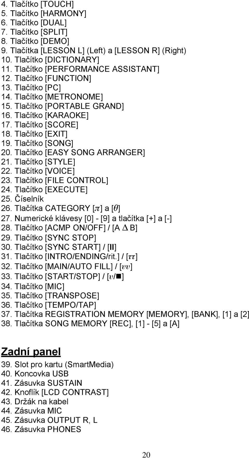 Tlačítko [SONG] 20. Tlačítko [EASY SONG ARRANGER] 21. Tlačítko [STYLE] 22. Tlačítko [VOICE] 23. Tlačítko [FILE CONTROL] 24. Tlačítko [EXECUTE] 25. Číselník 26. Tlačítka CATEGORY [π] a [θ] 27.