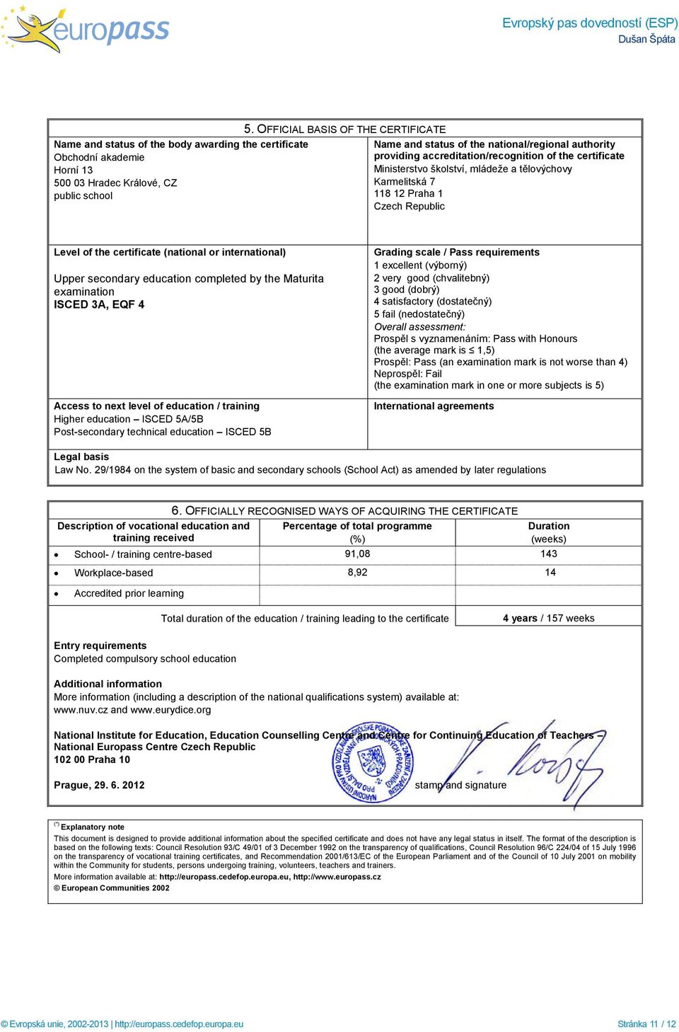 118 12 Praha 1 Czech Republic Level of the certificate (national or international) Upper secondary education completed by the Maturita examination ISCED 3A, EQF 4 Access to next level of education /