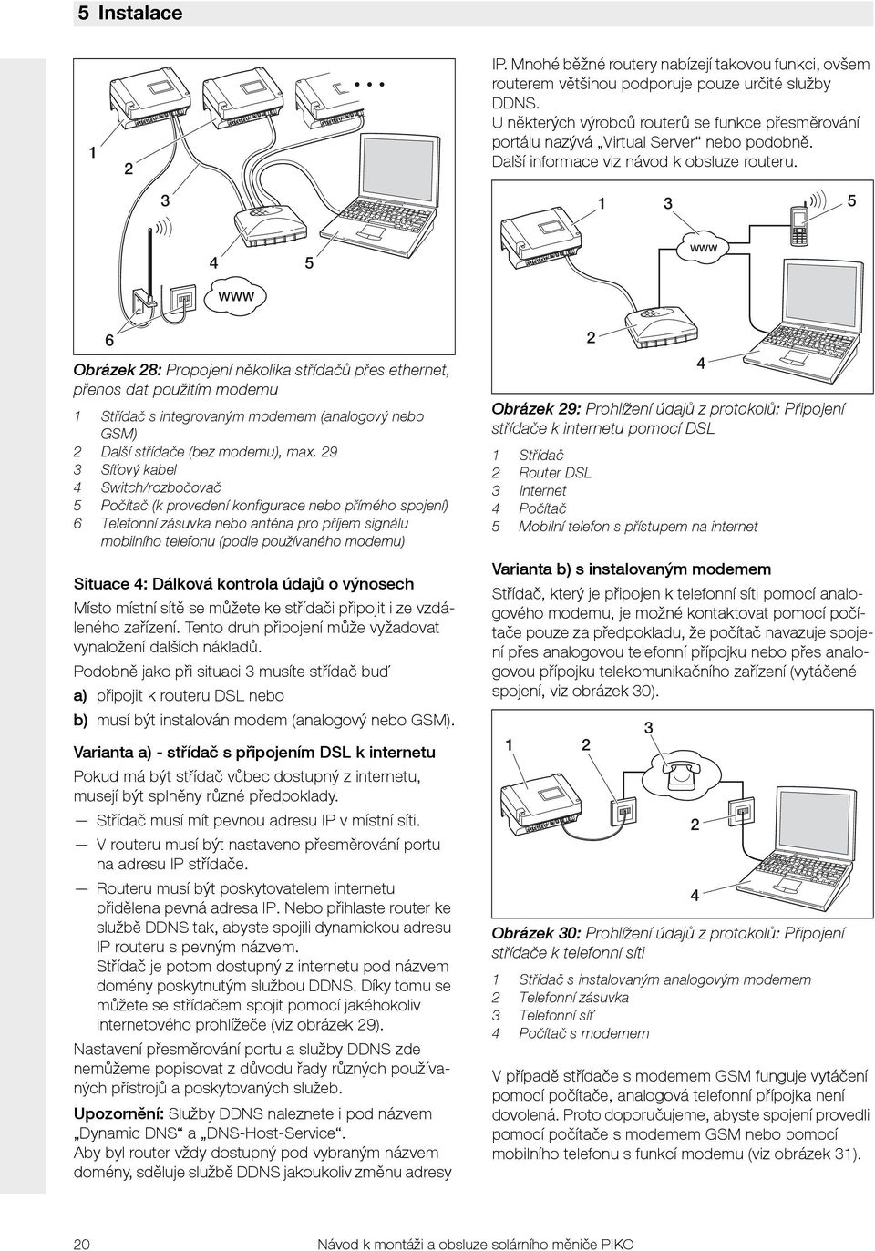 3 3 5 4 5 WWW WWW 6 Obrázek 8: Propojení několika střídačů přes ethernet, přenos dat použitím modemu Střídač s integrovaným modemem (analogový nebo GSM) Další střídače (bez modemu), max.