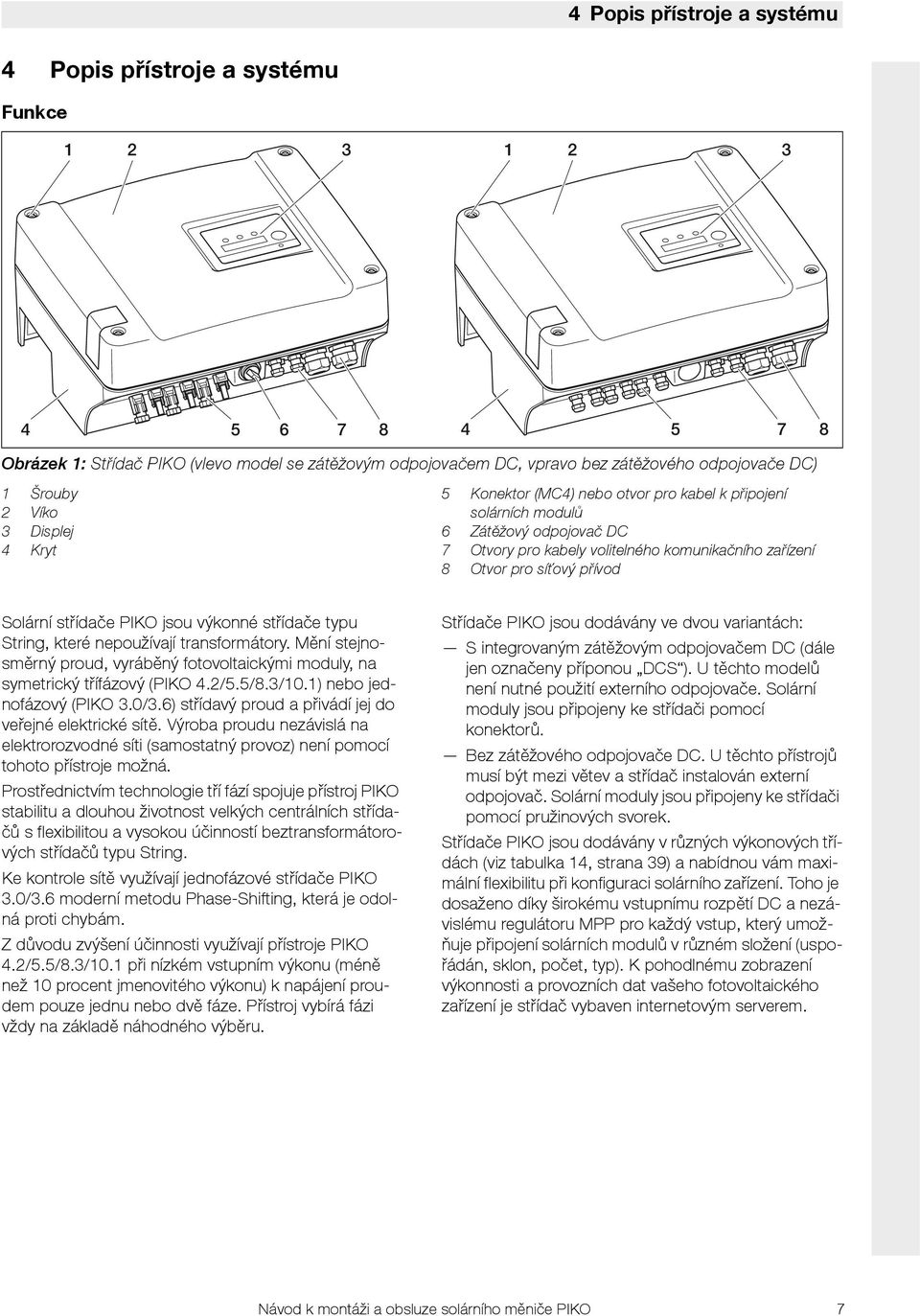 střídače PIKO jsou výkonné střídače typu String, které nepoužívají transformátory. Mění stejnosměrný proud, vyráběný fotovoltaickými moduly, na symetrický třífázový (PIKO 4./5.5/8.3/0.