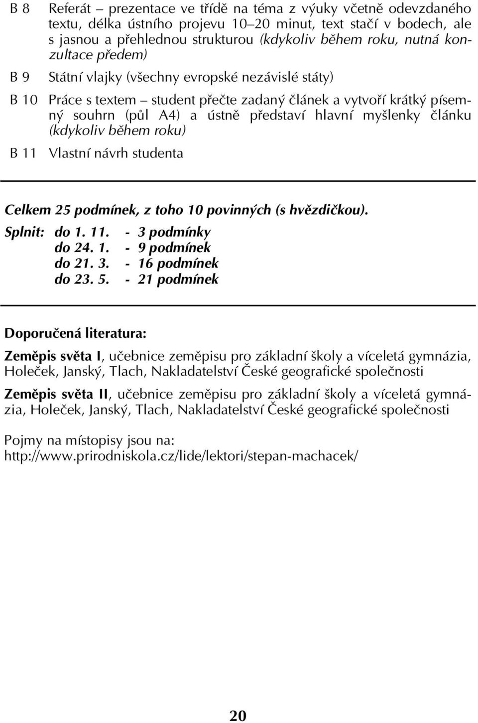 článku (kdykoliv během roku) Vlastní návrh studenta Celkem 25 podmínek, z toho 10 povinných (s hvězdičkou). Splnit: do 1. 11. - 3 podmínky do 24. 1. - 9 podmínek do 21. 3. - 16 podmínek do 23. 5.