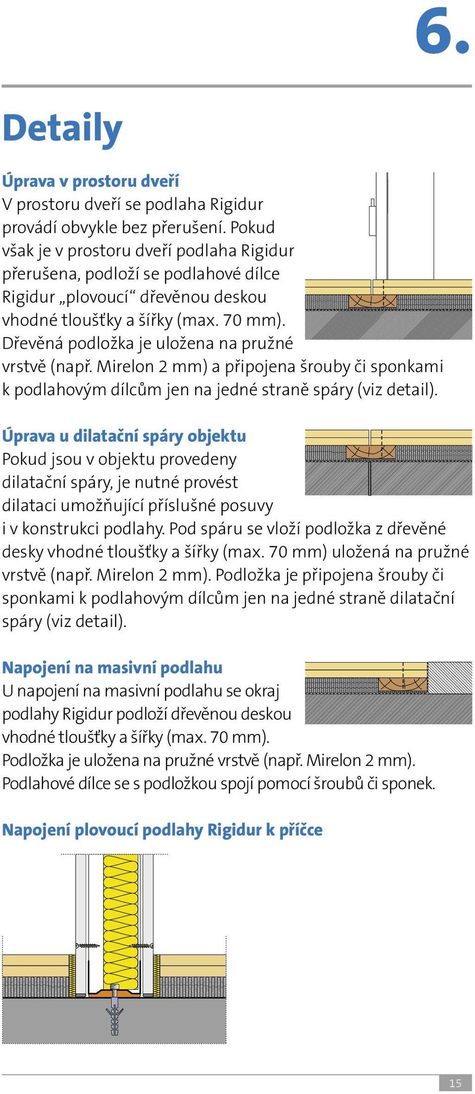 Dřevěná podložka je uložena na pružné vrstvě (např. Mirelon 2 mm) a připojena šrouby či sponkami k podlahovým dílcům jen na jedné straně spáry (viz detail).