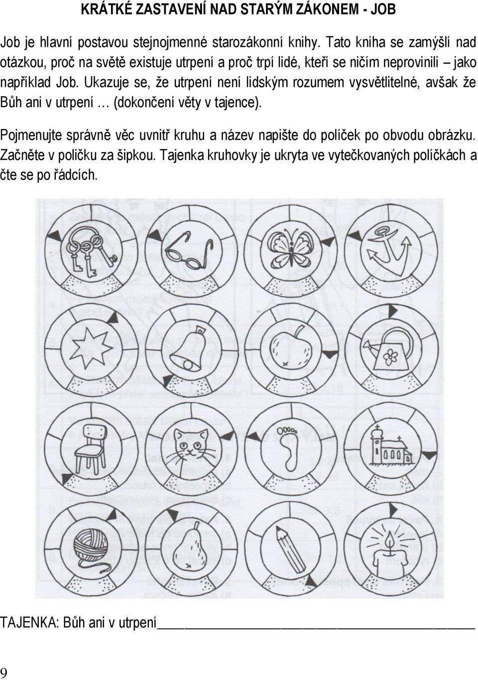 Ukazuje se, že utrpení není lidským rozumem vysvětlitelné, avšak že Bůh ani v utrpení (dokončení věty v tajence).